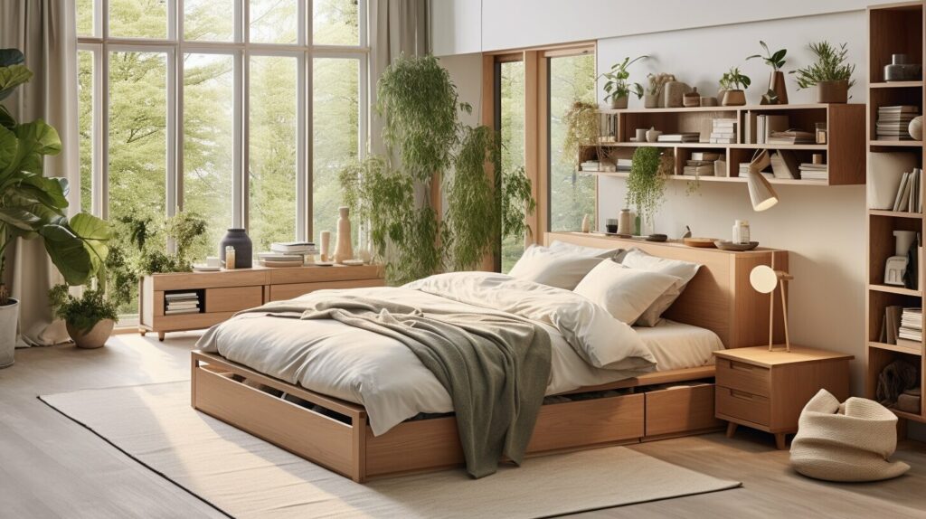 affordable bed frame with built-in drawers in a bright room – storage beds small space living