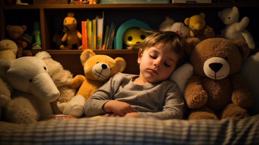 A toddler rests comfortably using toddler bedding, showing a safe low-loft pillow and a lightweight blanket for a cozy transition.