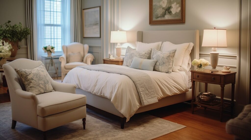 Traditional room styled with a wood platform bed