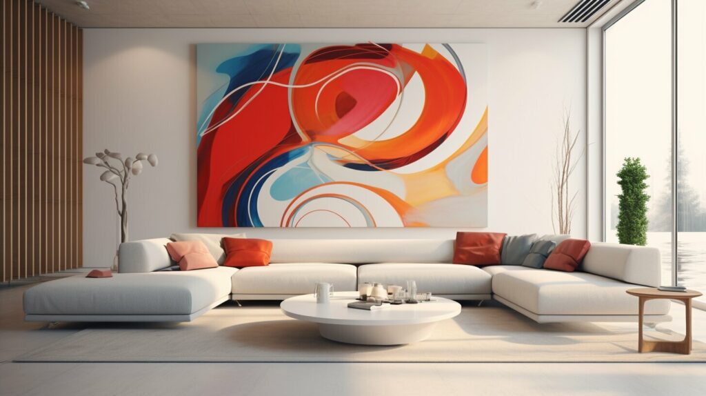 Large mural centerpiece showcasing wall decor trends in a cozy living room