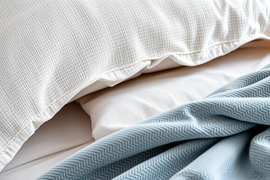 Exploded view of bedding planes including duvet, sheets, and decorative throws on a layered bed