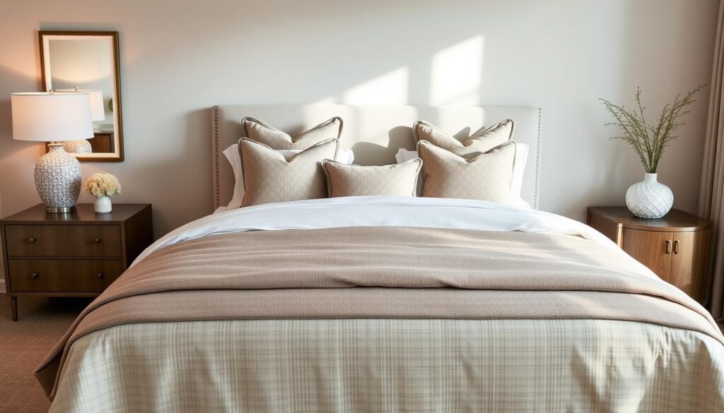 Pillow shams styled on a bed with standard, Euro, and king shams