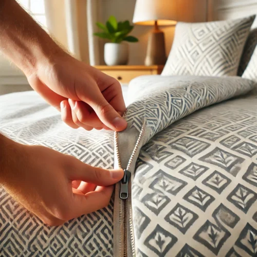Hands unzipping a duvet cover showing bedding sham vs duvet cover distinction