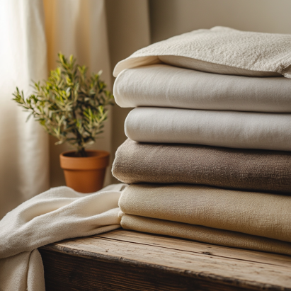 "Neatly sorted bedding, including cotton sheets and delicate fabrics, arranged in front of a washing machine to prevent bedding shrinkage."