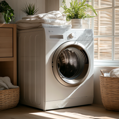Washing machine in bright laundry room with folded towels and plants, can bedding be washed at 30 or 60 degrees.