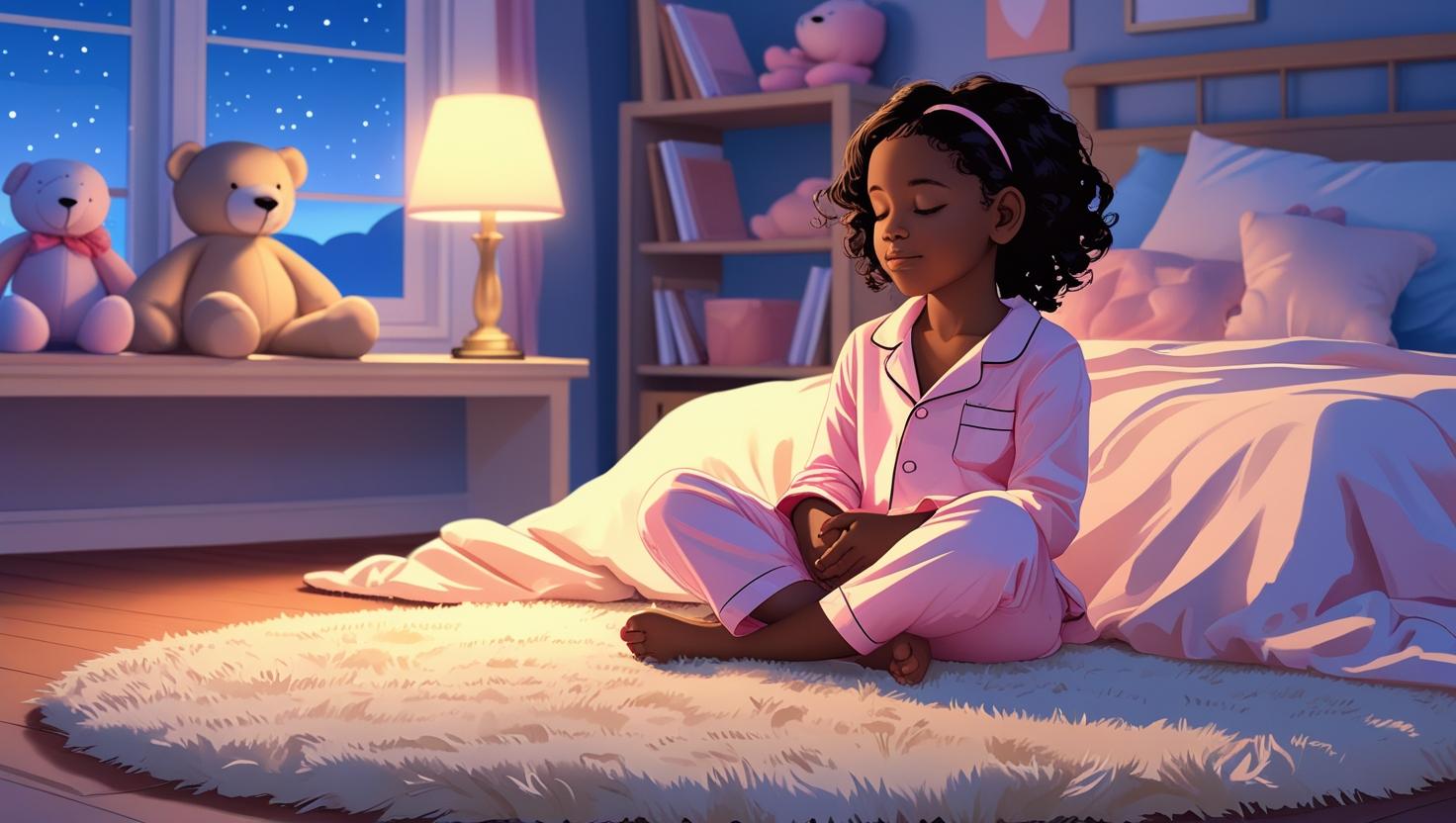 Kids Sleep Psychology – young child meditating before bedtime with cozy lighting and soft surroundings