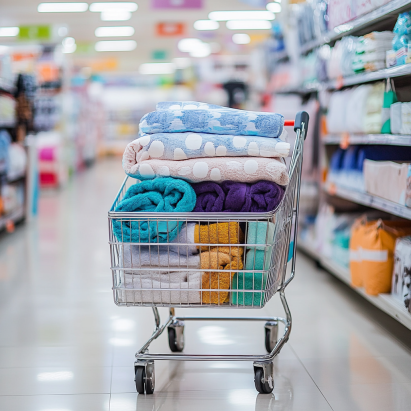 Shopping cart filled with bedding essentials like comforter sets, pillowcases, and towels, highlighting deals available during the Best Time to Buy Bedding.