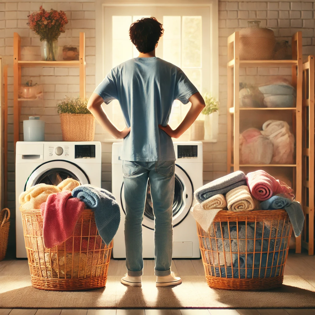 Can bedding and towels be washed together discover the answer – person deciding between two laundry baskets.