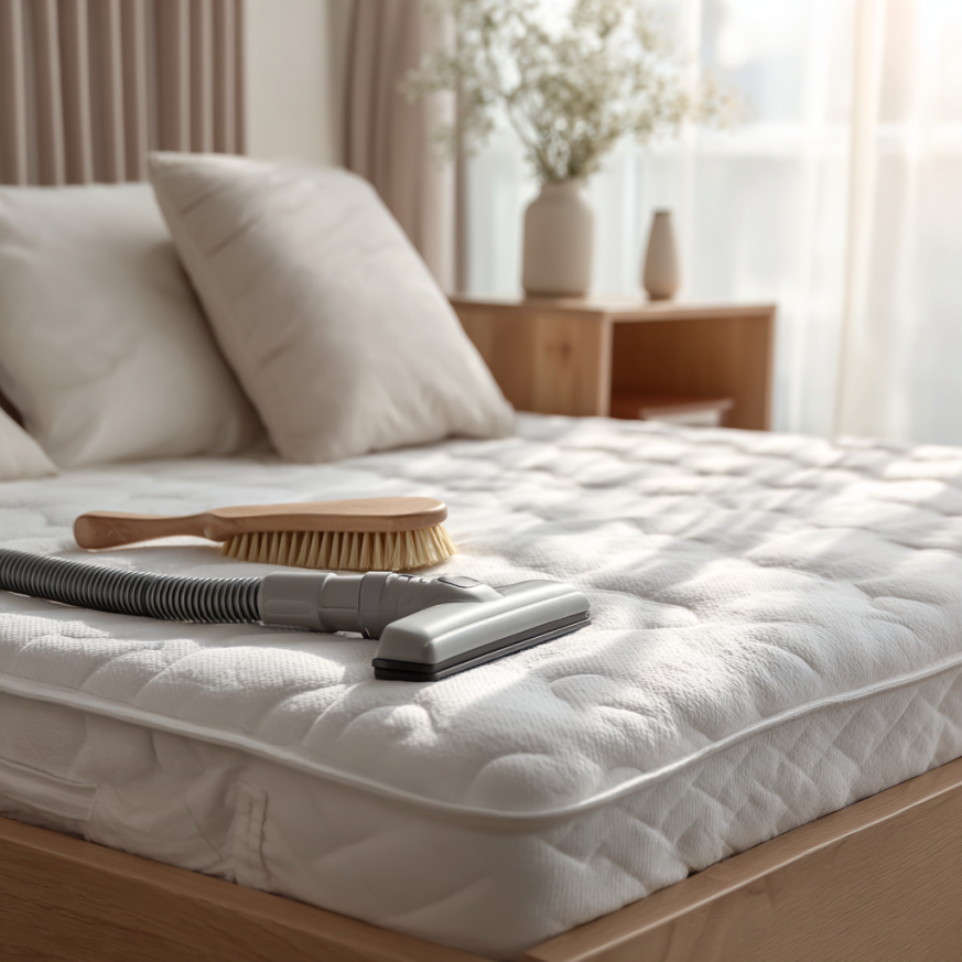 Running multiple slow vacuum passes to fully remove residue after a clean mattress baking soda treatment for a fresh finish.