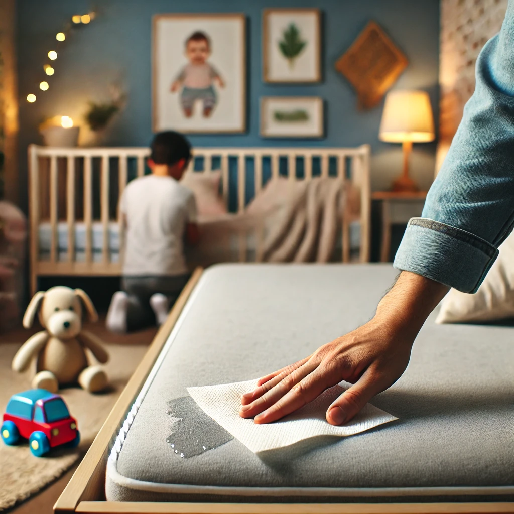 Parent trying to clean pee from a mattress no vacuum style using towels in a cozy child’s bedroom