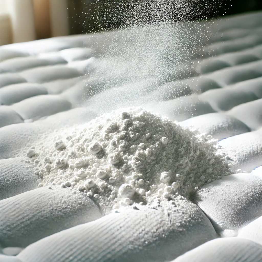 This image shows how to clean pee from a mattress using baking soda to absorb odor and moisture overnight for a fresh finish.