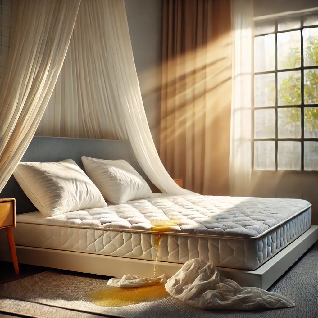 This photo shows how to clean pee from a mattress across different types like memory foam, latex, and hybrid designs using gentle blotting.