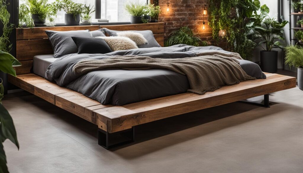 Creative DIY bed frame projects with tools and materials arranged on a workbench