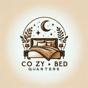 "Cozy Bed Quarters' logo with bed, moon, and stars