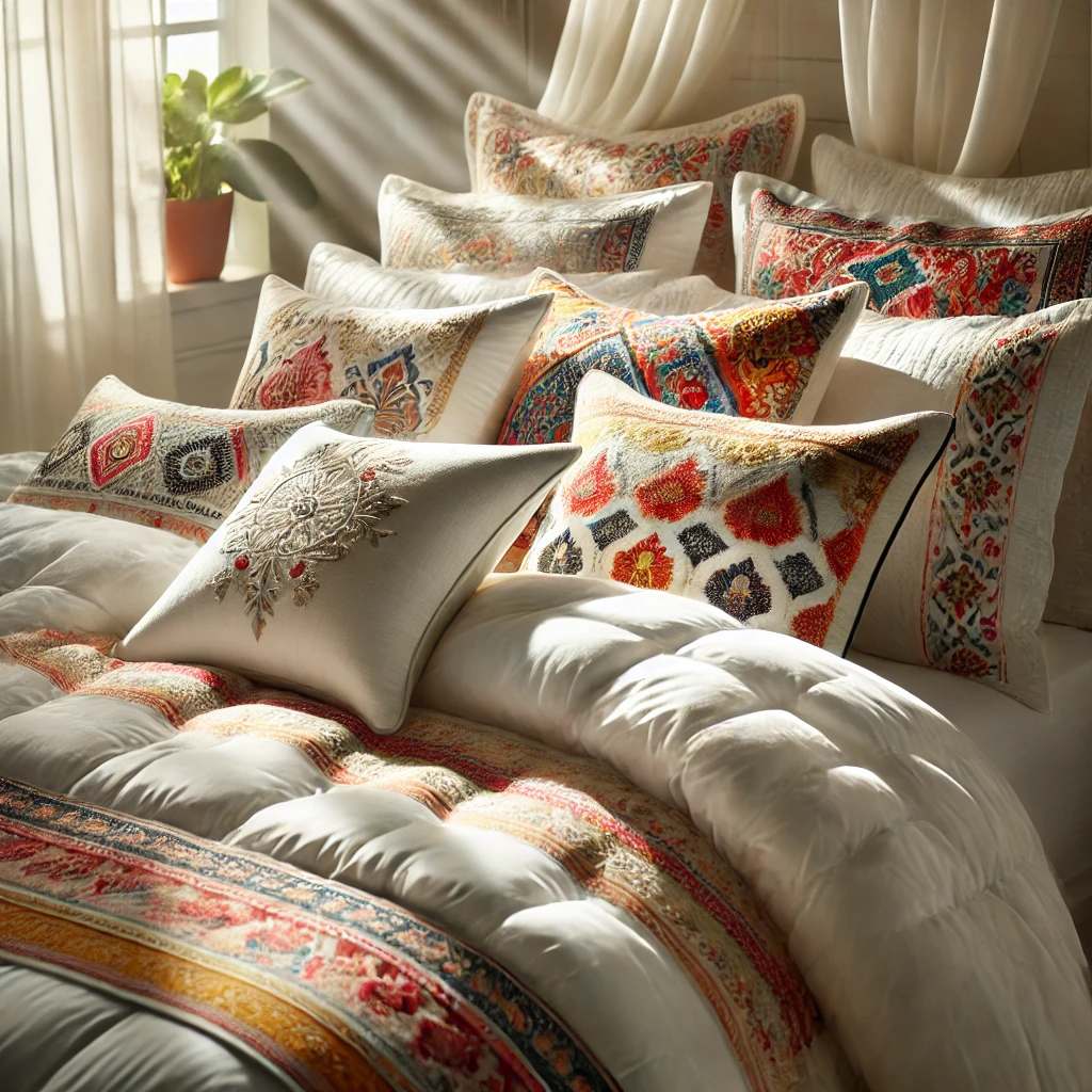 Bedding Sham vs Duvet Cover with embroidered shams and a white linen duvet cover in a cozy bedroom.
