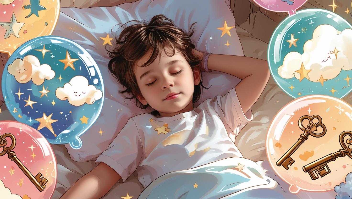 Kids Sleep Psychology – child peacefully sleeping with illustrated dream symbols representing subconscious thoughts