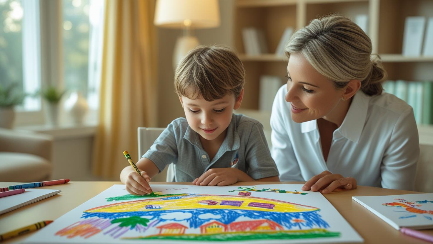 Kids Sleep Psychology – therapist guiding a child through dream therapy using drawings and calming conversation