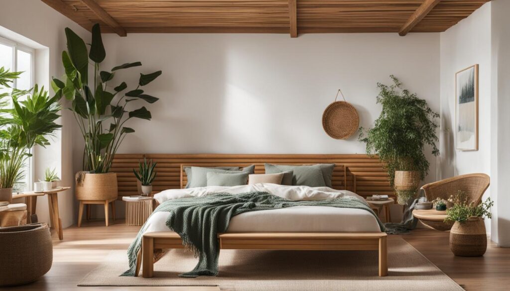 "Soft bamboo eco-friendly bedding in a neutral beige tone, featuring a neatly made bed with a bamboo duvet cover and matching pillows in a minimalist bedroom with natural lighting."