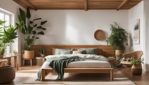 "Soft bamboo eco-friendly bedding in a neutral beige tone, featuring a neatly made bed with a bamboo duvet cover and matching pillows in a minimalist bedroom with natural lighting."