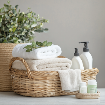 "Sustainable bedding with detergent in a basket, promoting eco-friendly washing bedding at 30 or 60 degrees."