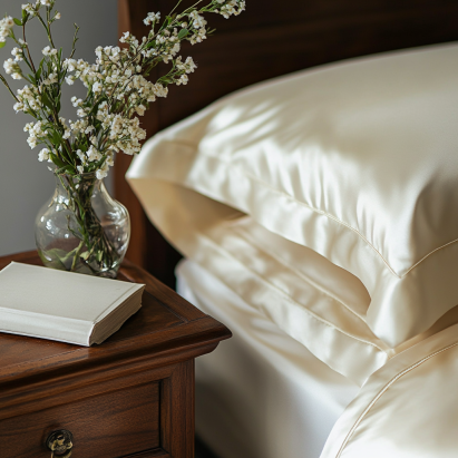 Luxury quality bedding upgrade essentials with Egyptian cotton sheets and silk pillowcase on a wooden nightstand.