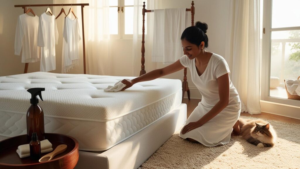 An enzymatic cleaner bottle beside towels shows how to clean urine memory foam mattress when stains are already set.