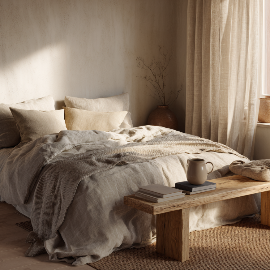 linen bedding in modern neutral-toned bedroom
