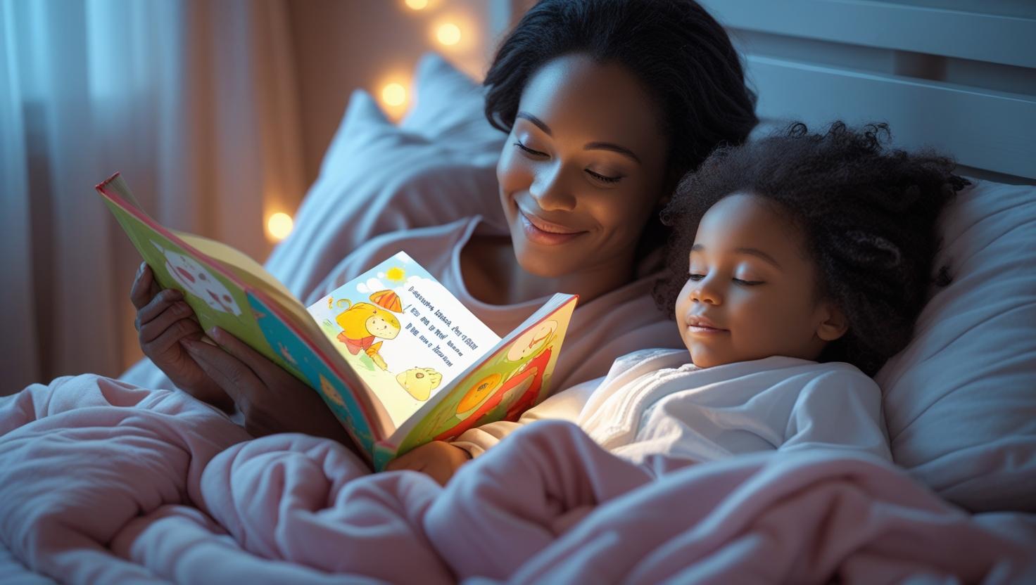 Kids Sleep Psychology – parent reading a soothing bedtime story to a child, fostering emotional comfort and sleep readiness