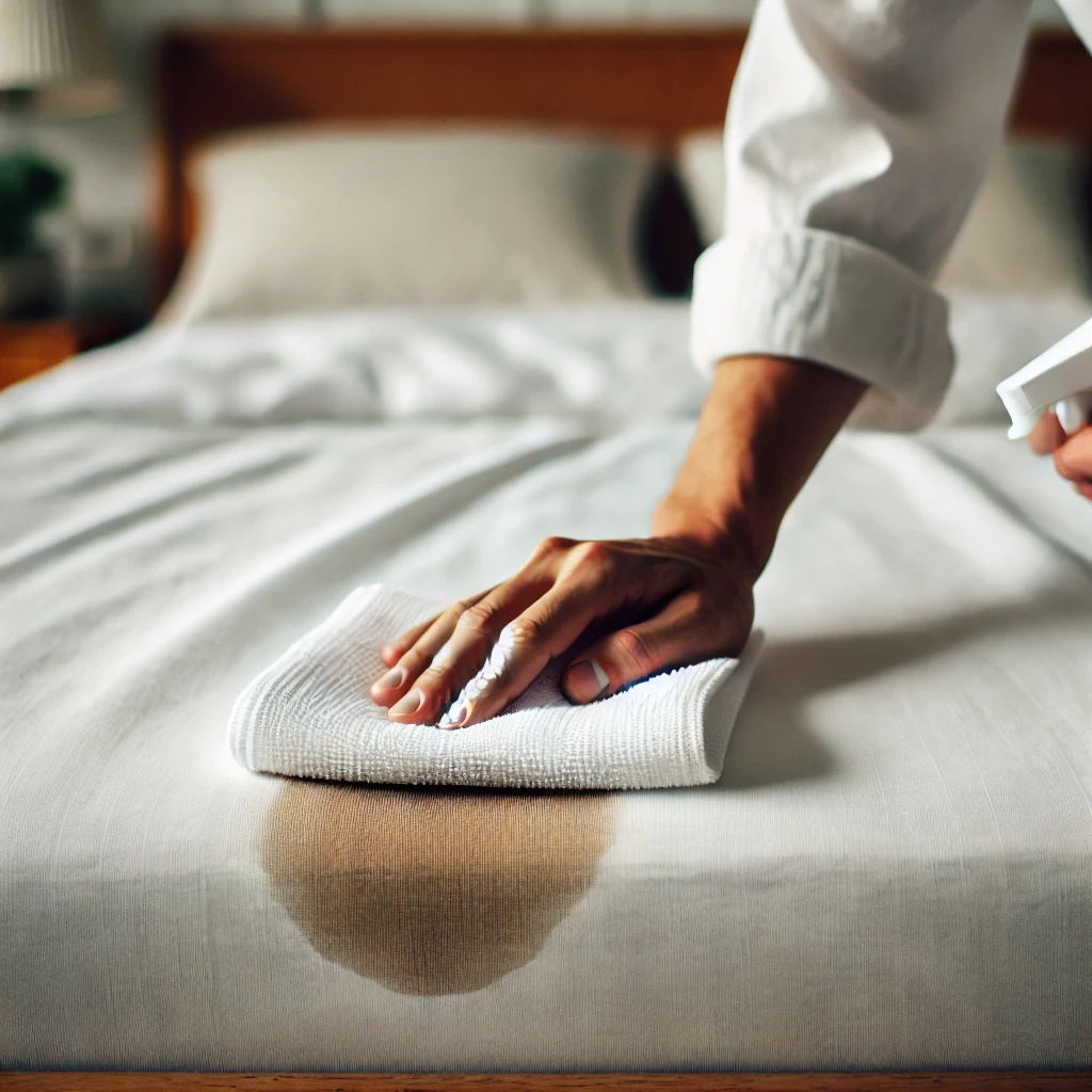 A parent quickly strips the bed to clean peed mattress stains before odors set in.