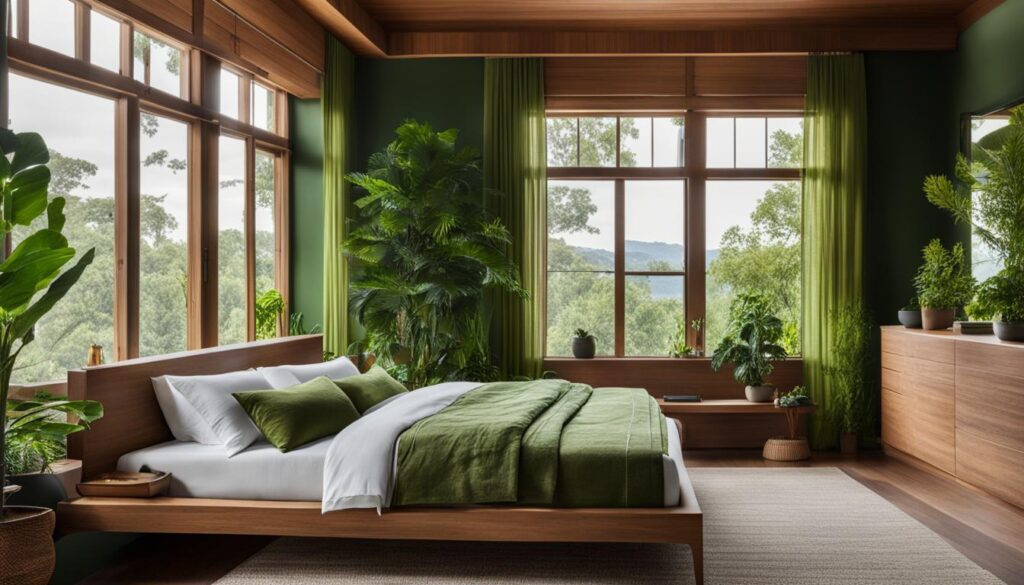 sustainable sleep products in eco-friendly bedroom with green decor
