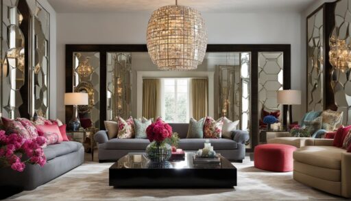 This image shows mirrors and wall decor reflecting light to make a living room feel larger.