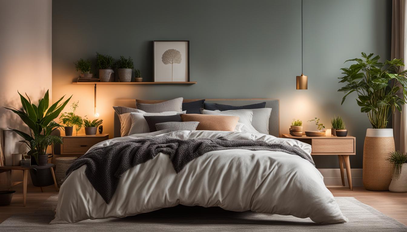 Dark, quiet bedroom with blackout curtains and warm lighting for circadian-friendly sleep