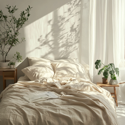 Cozy bedroom with unmade bed and plants by window