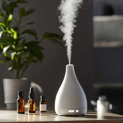 A diffuser in use, releasing a fine mist of essential oil, with bottles and greenery for ambiance
