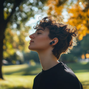 Person managing sound sensitivity with Loop earplugs, seated in a tranquil park surrounded by greenery and soft sunlight