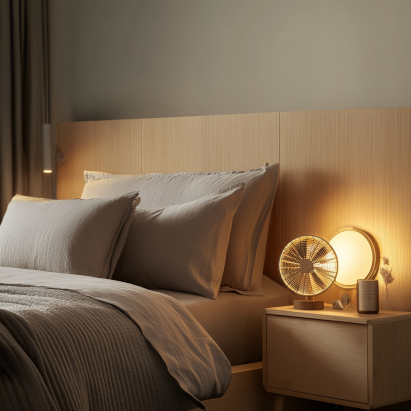 "Cozy bedroom with breathable bamboo sheets, warm lighting, and a bedside fan for temperature control."