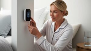 Sleep Temperature Regulation visual showing woman adjusting thermostat in cozy bedroom