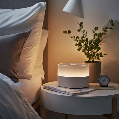 "A serene bedroom scene with a white noise machine, an alarm clock, and a potted plant on a wooden bedside table."