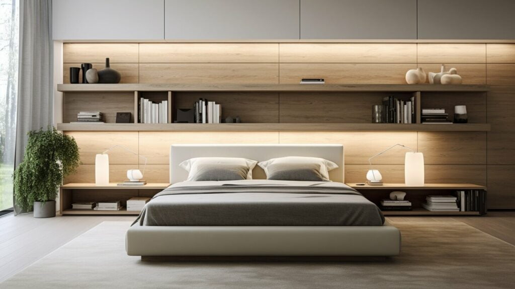 Built-in shelves and headboard storage in modern bed designs