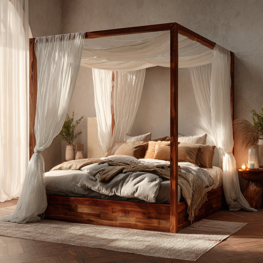 Styled canopy and four-poster beds with decorative pillows and layered bedding