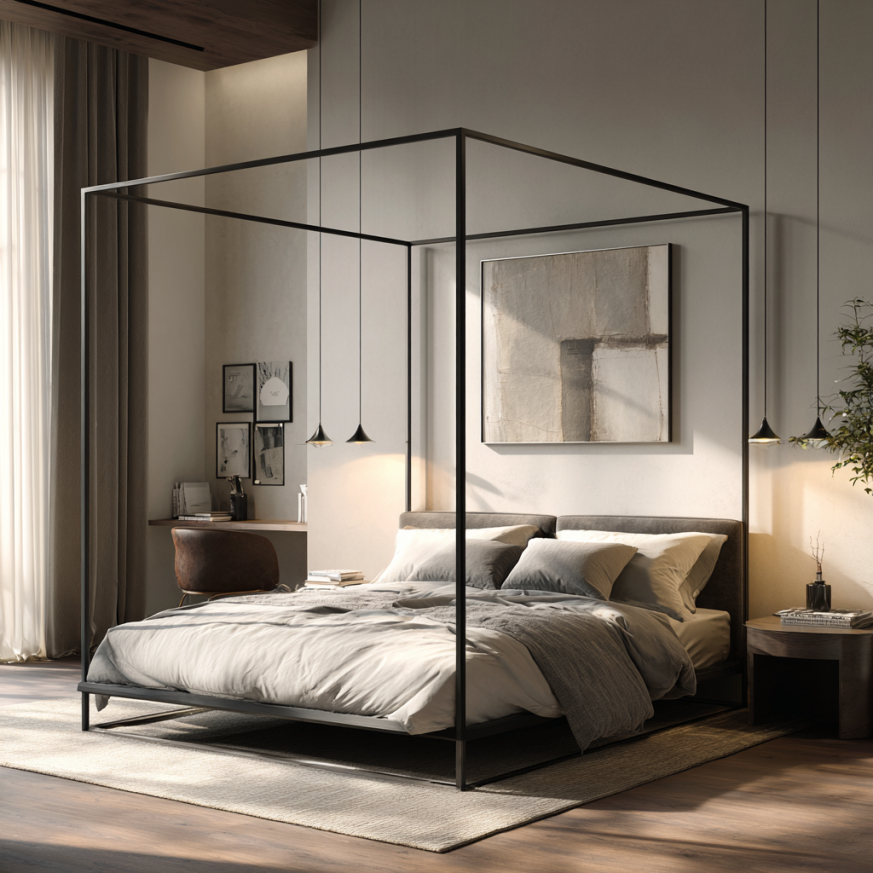 Comparison of canopy and four-poster beds featuring polished wood and metal designs