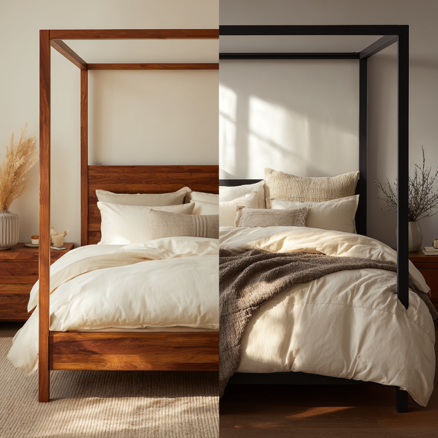 Contemporary canopy and four-poster beds with minimalist black metal frame