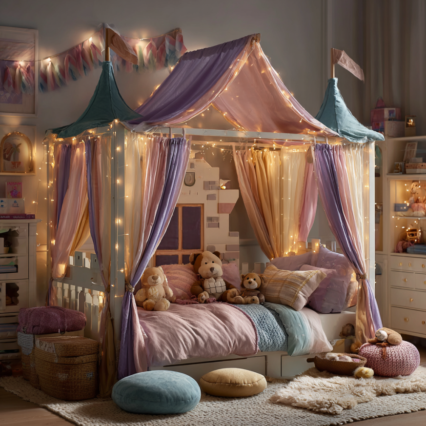 Traditional canopy bed with cozy bedding and frame