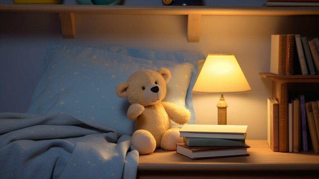 Teddy bear next to books and lamp—creating comforting sleep associations