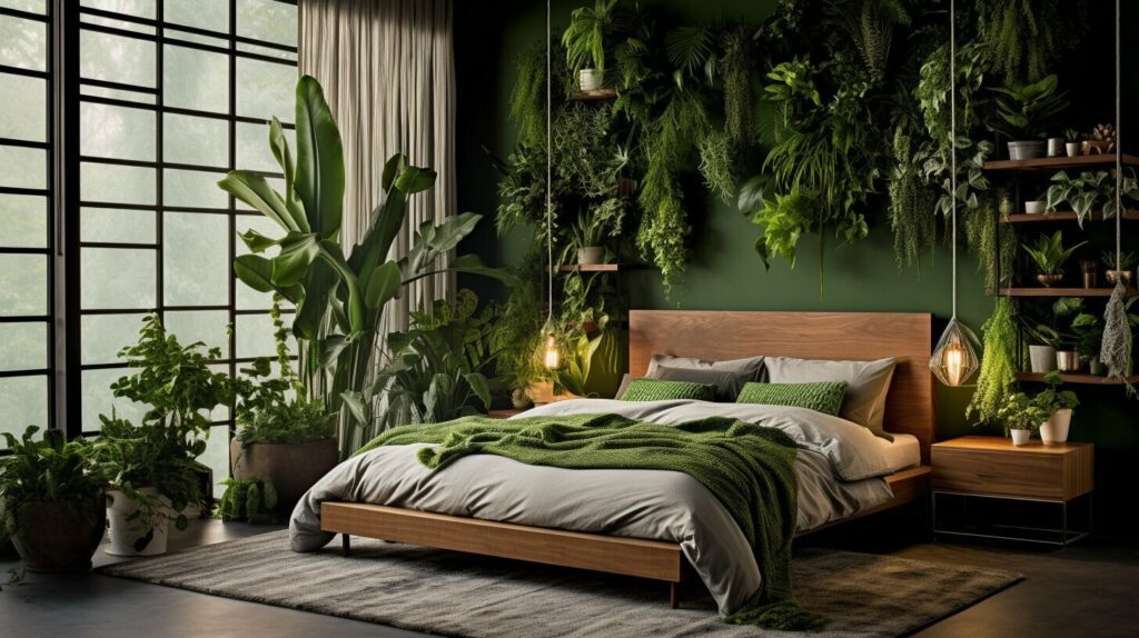 Indoor plants adding greenery to modern bed designs