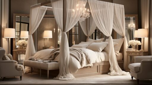 Modern interior displaying Unique Canopy Beds Designs with soft drapery and warm lighting.