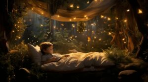 Open storybook with bedtime stories for children, surrounded by playful adventure props.