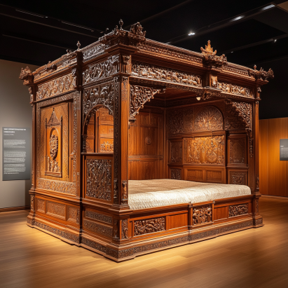 he Great Bed of Ware, a historic four-poster bed displayed in a museum.