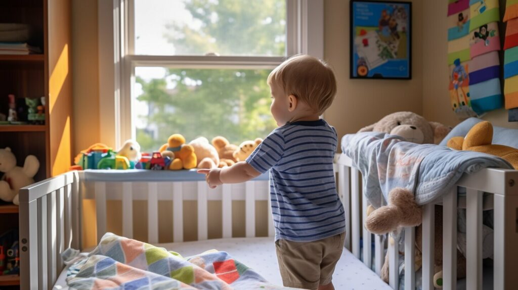 Child-friendly bed transition with low height frame and guardrails