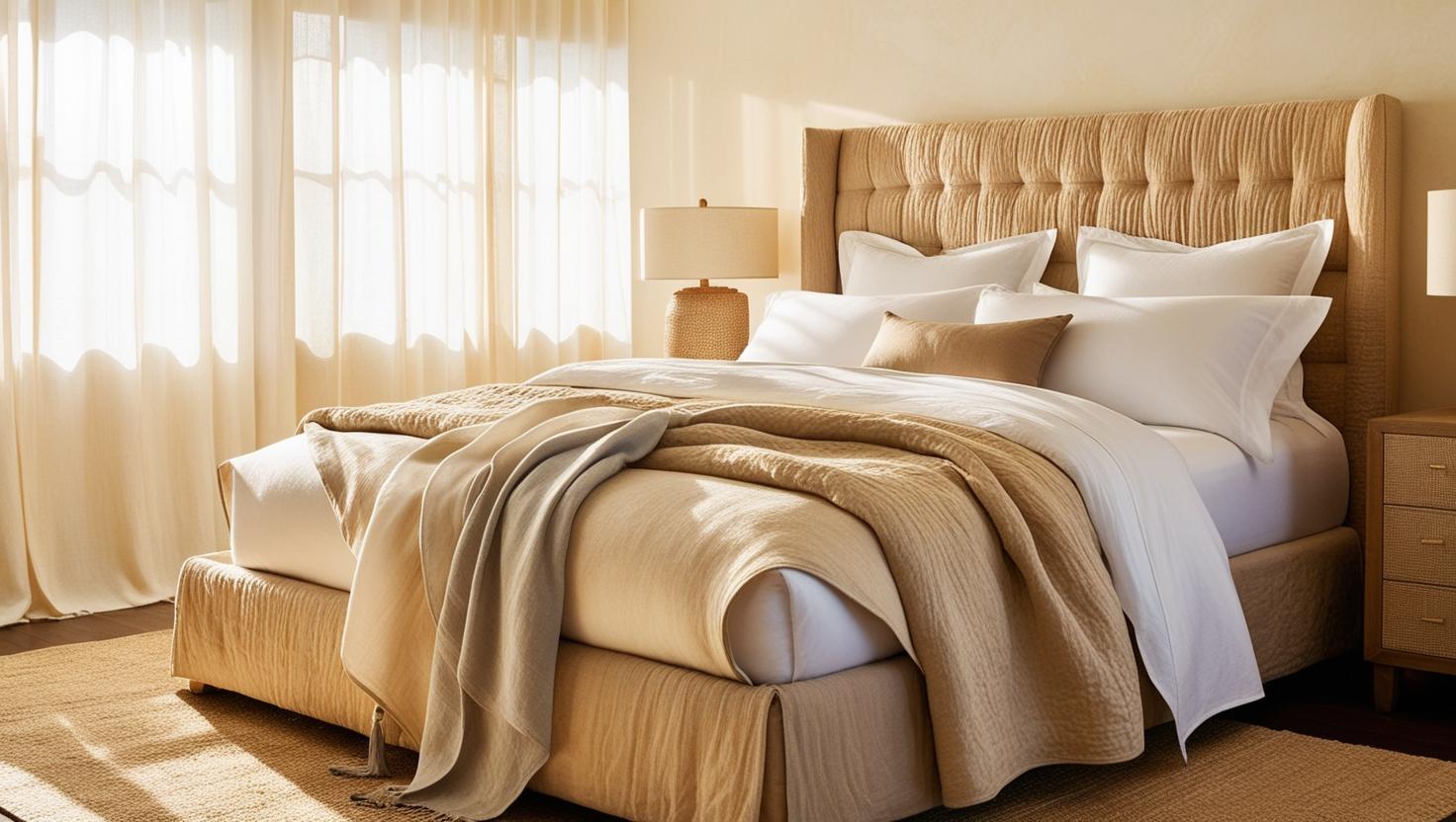 What is bedding layered in cozy bedroom